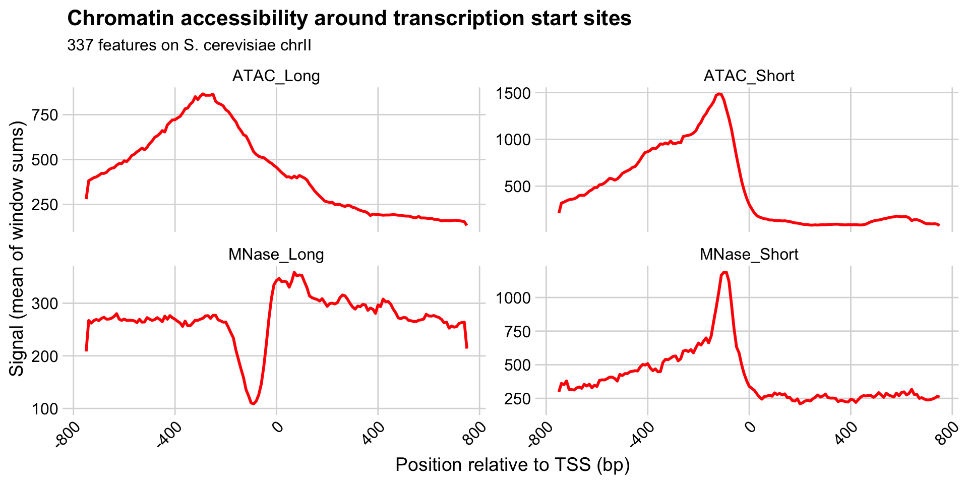 Plot of chromatin accessibility around transcription start sites (TSS) in S. cerevisiae chrII, faceted by sample type.